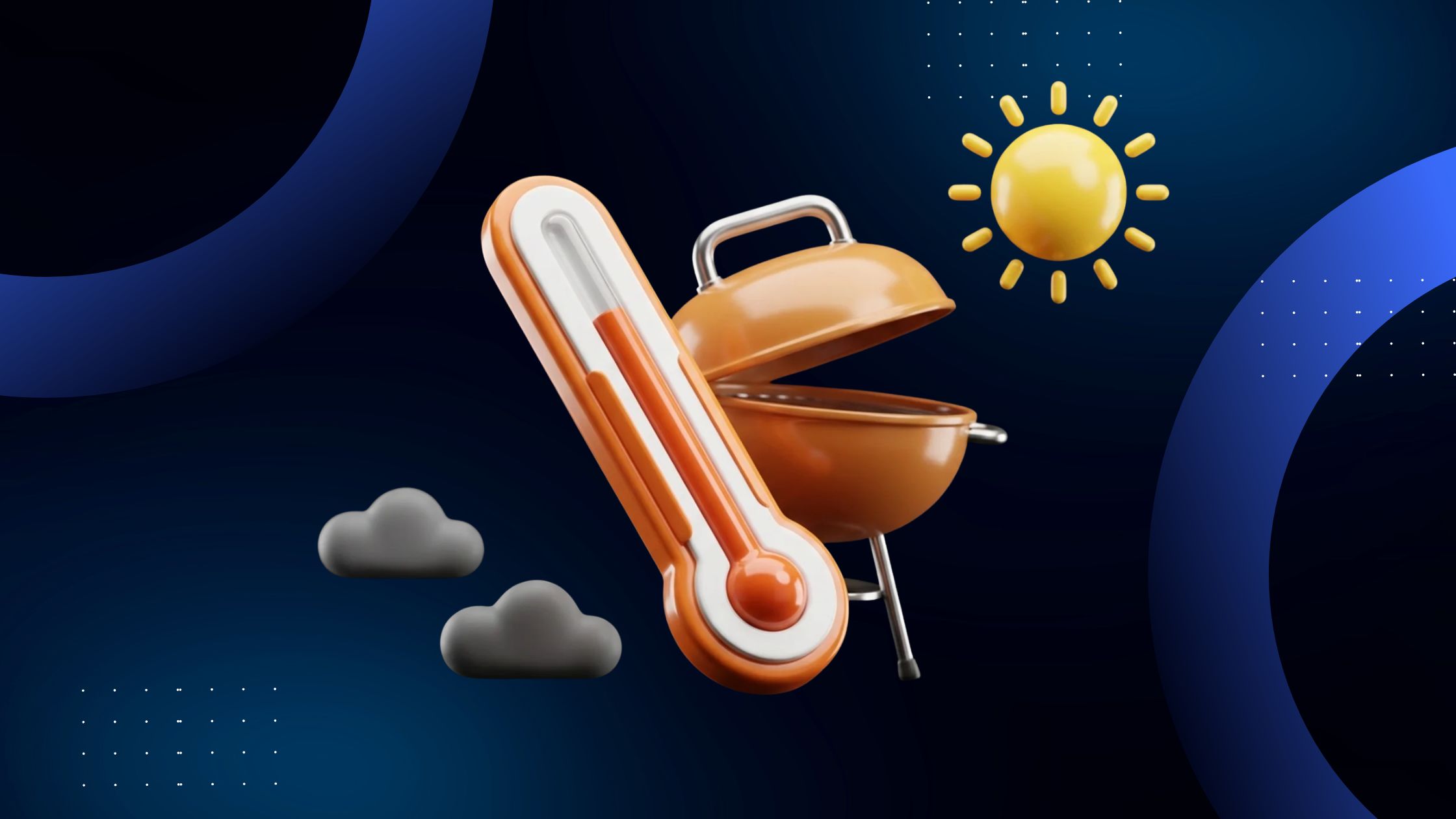 3D render of a thermometer, a kettle barbecue and a stylised sun