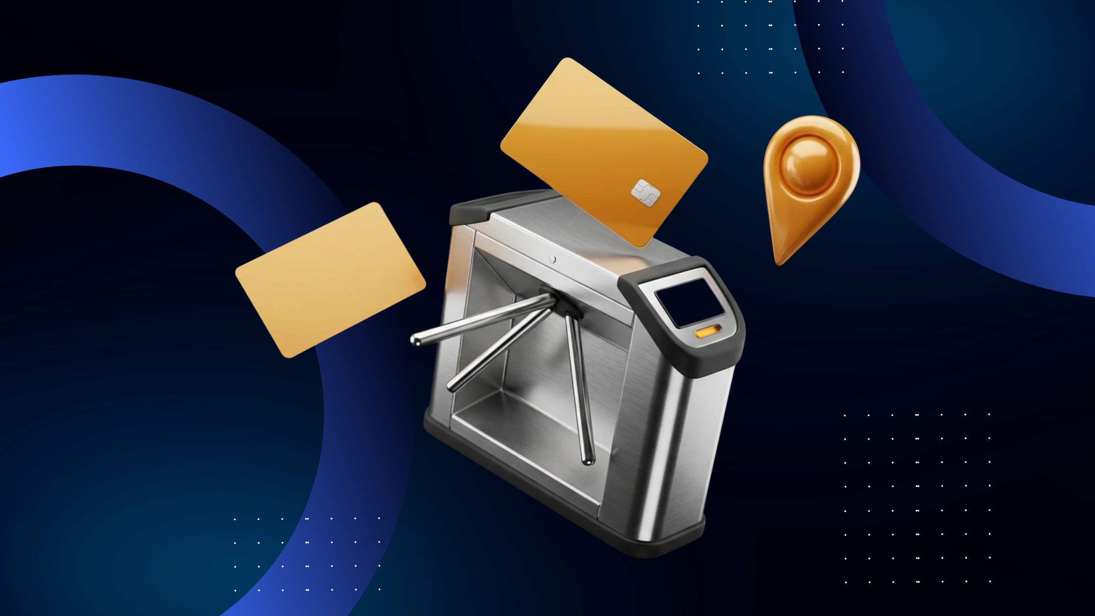 3D render of a transit gate, a blank payment card and a location pin