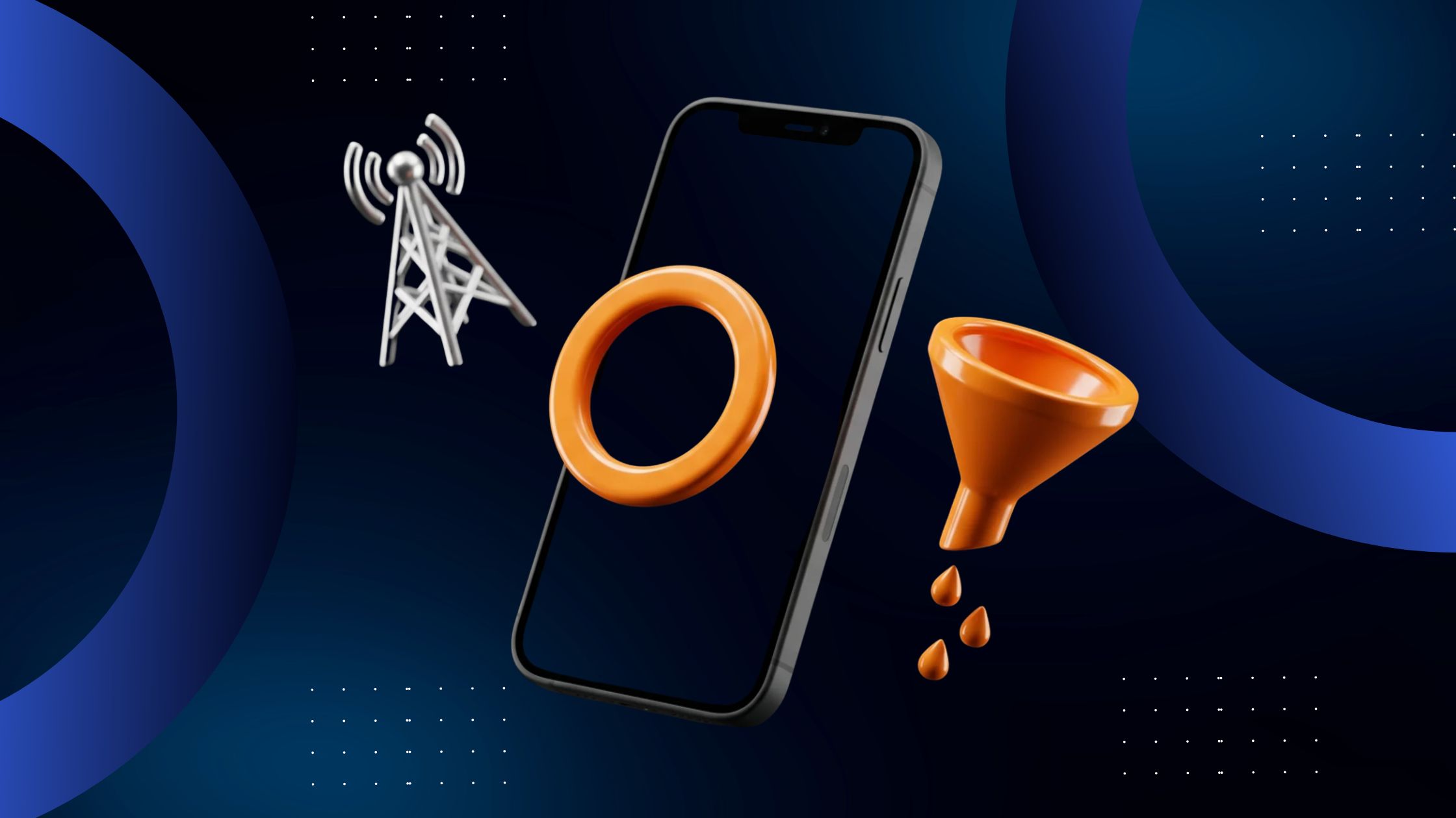 3D render of a smartphone with a loading spinner, a funnel and a network tower